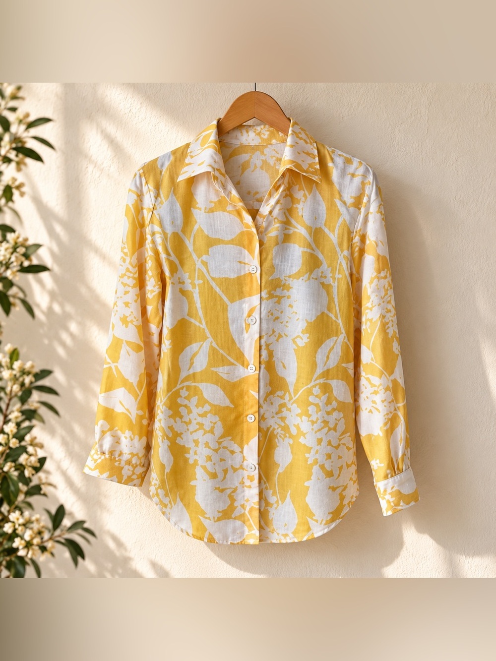 Yellow White Floral Button Front Blouse Womens Small Long Sleeve Collared